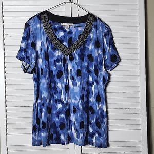 Blue Beaded Short Sleeve Blouse PXL